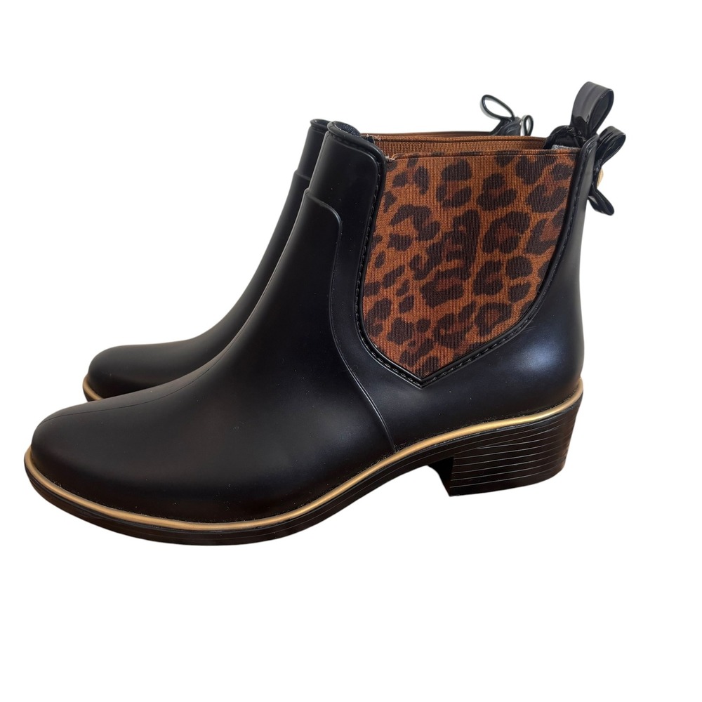 Kate Spade Black Leopard Print Bow Chelsea Rain Boots Size 7 Waterproof Ankle